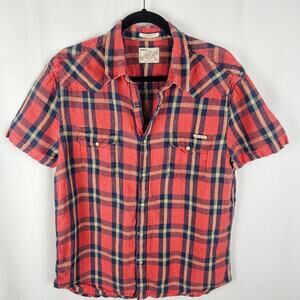 LUCKY BRAND Linen Blend Pearl Snap Plaid Western Mens L Y2K Preppy Minimalist